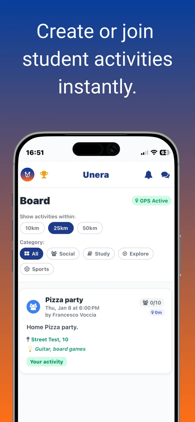 Schermata feed sociale dell'app Unera