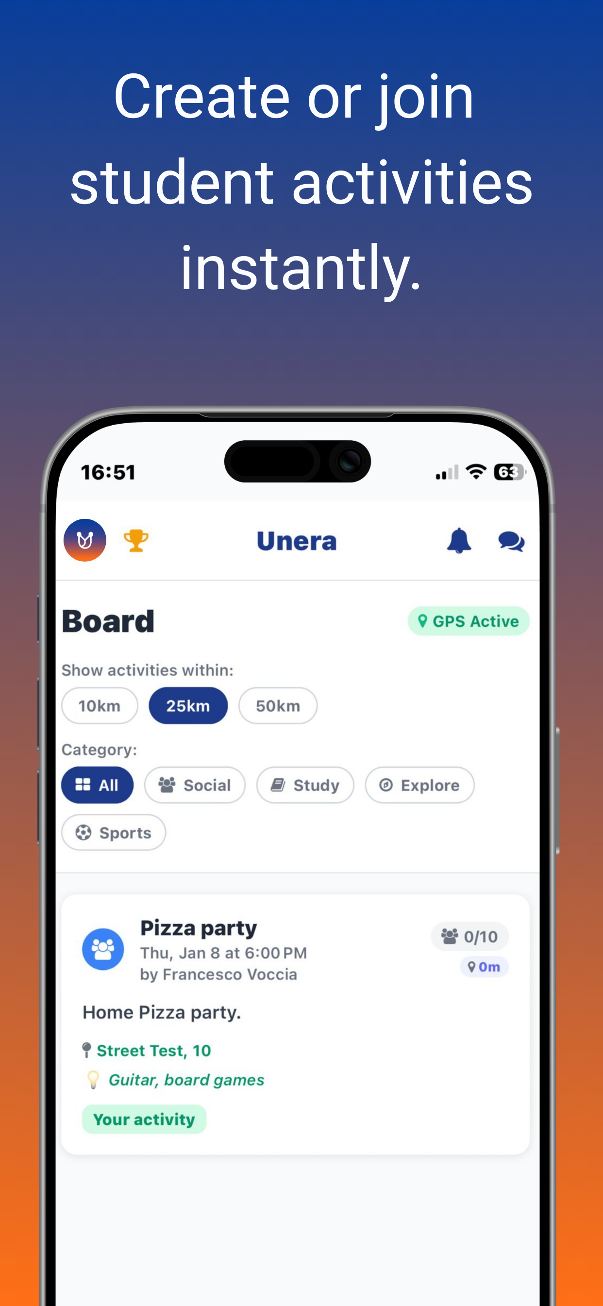 Unera social feed screen
