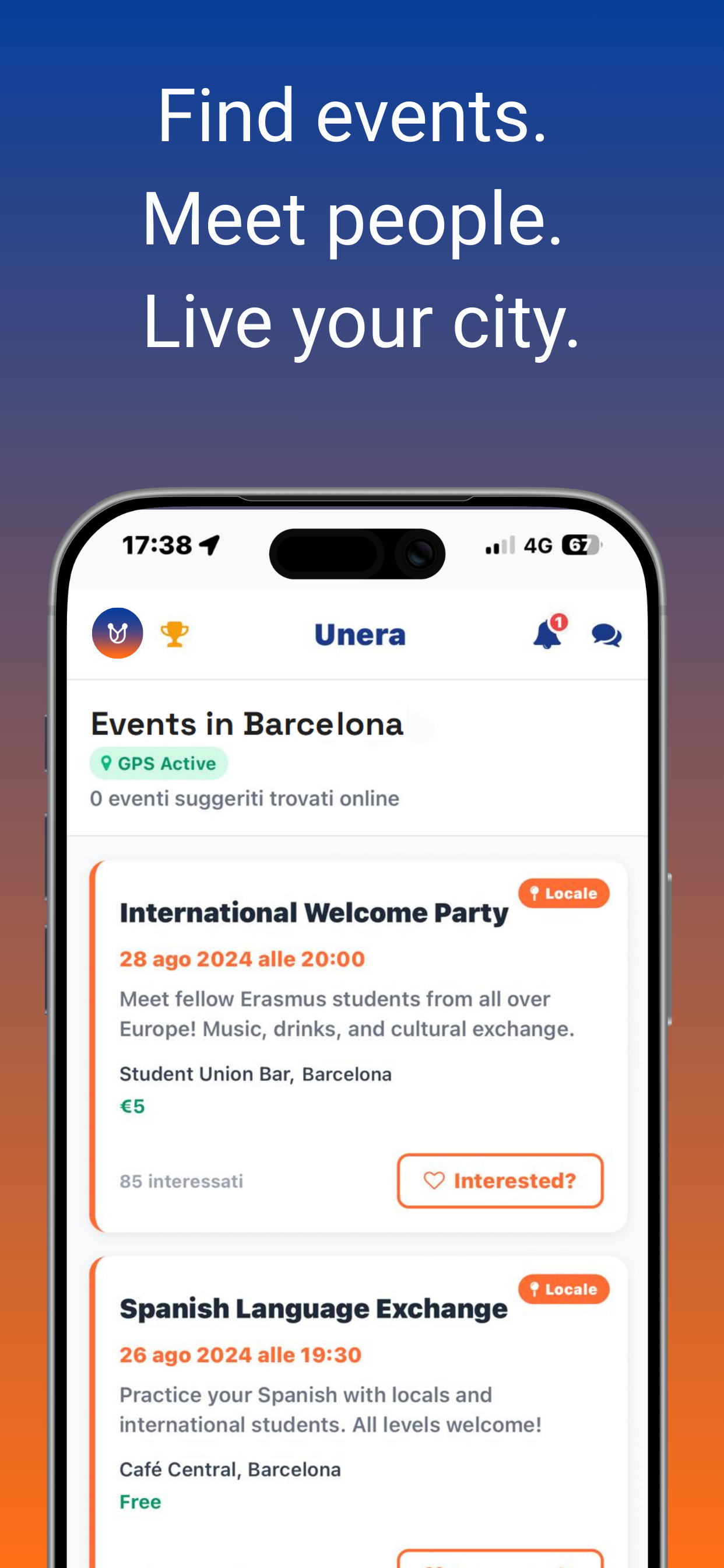 Unera app screen showing chat or interactions